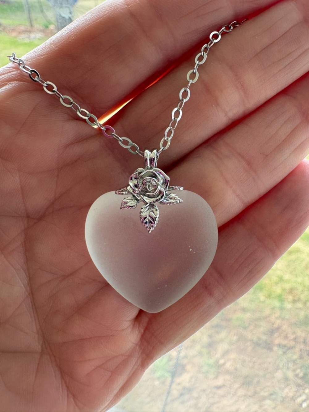 Gorgeous Frosted Glass Heart Pendant Necklace with Silver Rose with Leaf Bail.